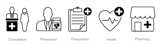 Plik wektorowy zestaw 5 ikon apteki jako recepty farmaceutyczne do konsultacji
