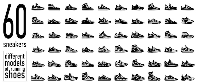 Plik wektorowy zestaw 60 ikon butów do biegania sneakersów prosty styl