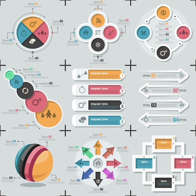 Zestaw 9 Płaskich Minimalne Szablony Infographic. Wektor. Może Być Stosowany Do Projektowania Stron Internetowych, Workflow