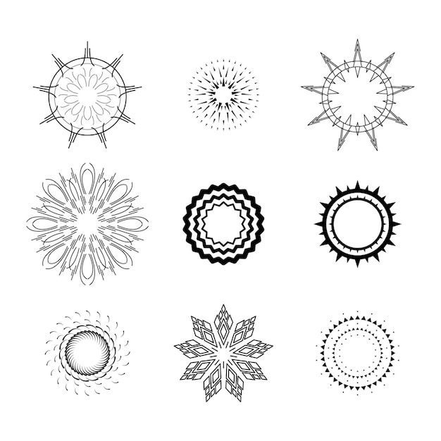 Zestaw Abstrakcja Kolekcja Okrągłe Koła Starburst Sunburst Zachód Słońca Czarna Linia Doodle Elementy Projektu