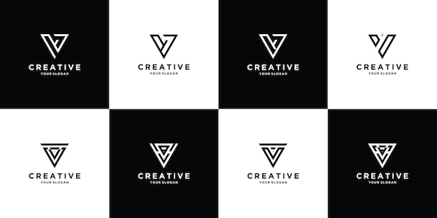 Zestaw Abstrakcyjnego Szablonu Logo Początkowej Litery V Premium Wektor