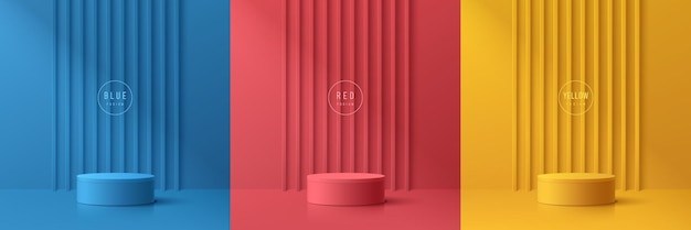 Plik wektorowy zestaw abstrakcyjnego tła 3d z żółto-niebiesko-czerwonym realistycznym cylindrem stojącym na podium produktu