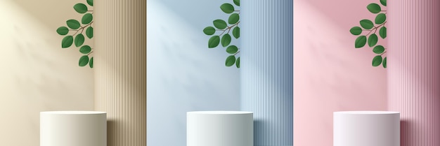 Zestaw abstrakcyjnych pokoi 3d z realistycznym białym podestem na cylinder i okrągłym zielonym liściem w kształcie słupka
