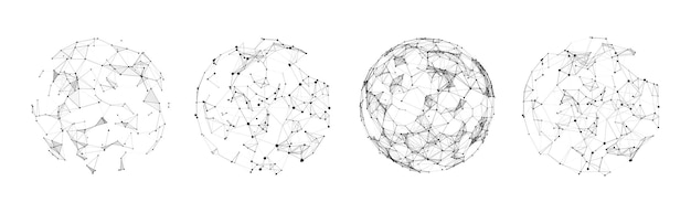 Zestaw abstrakcyjnych sfer z punktów i linii na białym tle Struktura połączenia sieciowego Wizualizacja dużych danych Ilustracja wektorowa