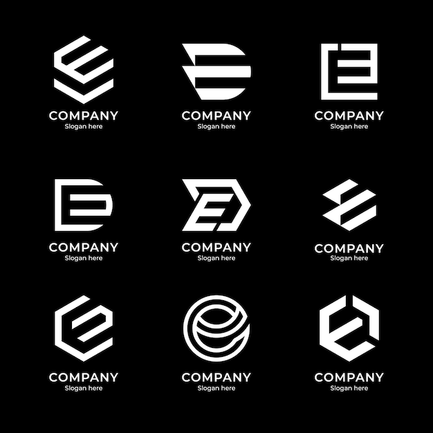 Zestaw abstrakcyjnych wstępnych liter E, szablonów logo, ikon dla biznesu, mody, technologii cyfrowych