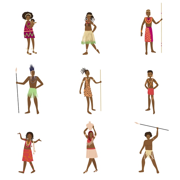 Plik wektorowy zestaw afrykańskich aborygenów, mężczyzny i kobiety w tradycyjne stroje