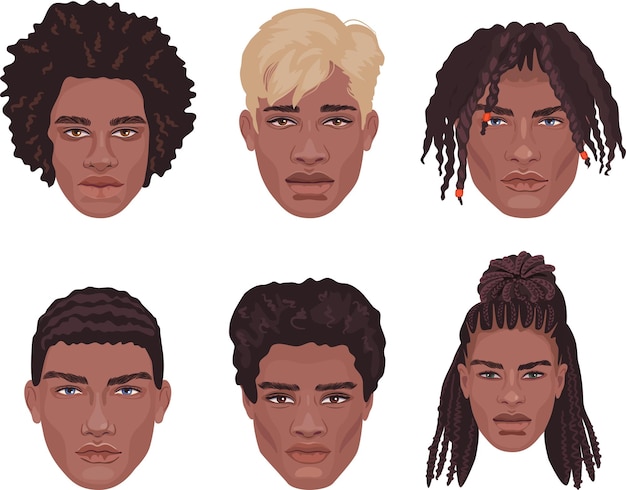 Plik wektorowy zestaw afrykańskich mężczyzn z różnymi afrykańskimi fryzurami sześć szczegółowych męskich avatarów tabela fryzur