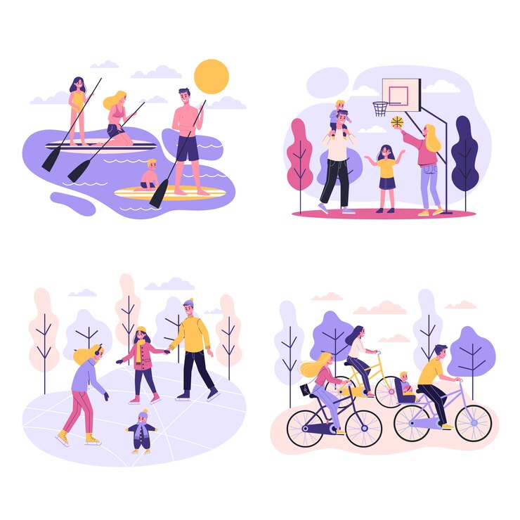 Zestaw aktywności rodzinnych i sportowych. Lodowisko i boisko do backetballu, jazda na rowerze w parku. Aktywność na świeżym powietrzu. ilustracja