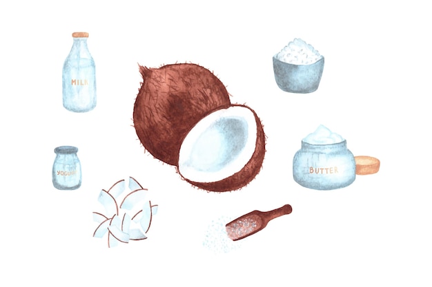 Plik wektorowy zestaw akwareli kokosowej i produktów z niej wykonanych