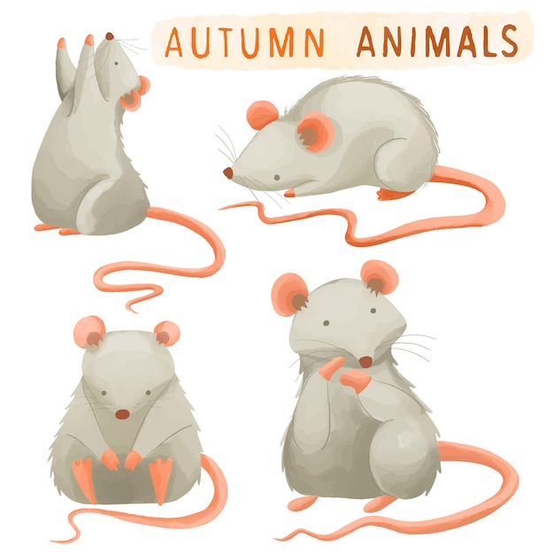 Zestaw Akwareli Malowanych Mysz Autumn Animal Wildlife Clipart Ręcznie Rysowane