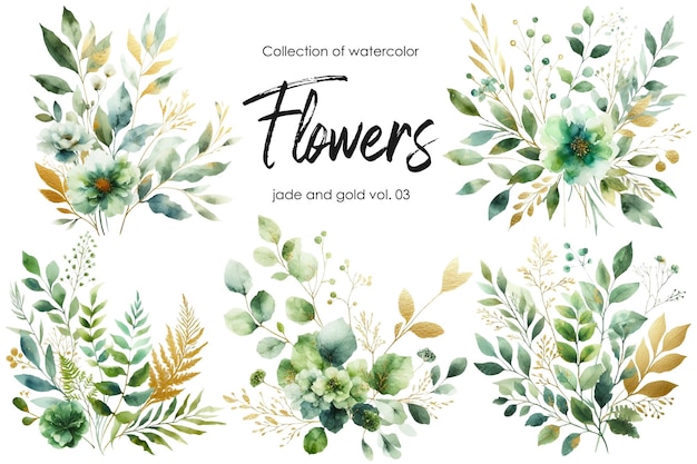 zestaw akwarelowych kwiatów i liści na białym tle ręcznie malowane kwiaty w kolorze złota i jadeitu