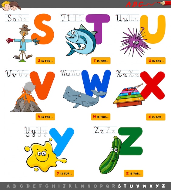 Plik wektorowy zestaw alfabetu edukacyjny kreskówka dla dzieci