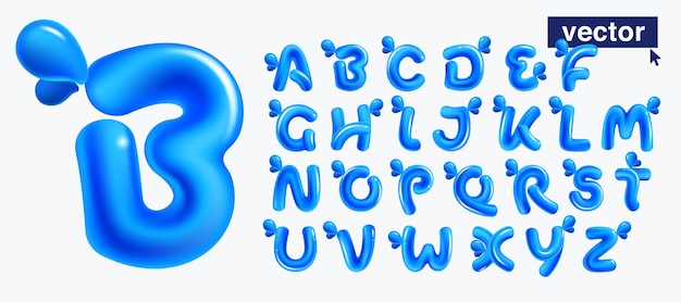 Plik wektorowy zestaw alfabetu wykonany z niebieskiej czystej wody i kropli rosy 3d realistyczne plastikowe kreskówki balon styl błyszczący wektor ilustracji