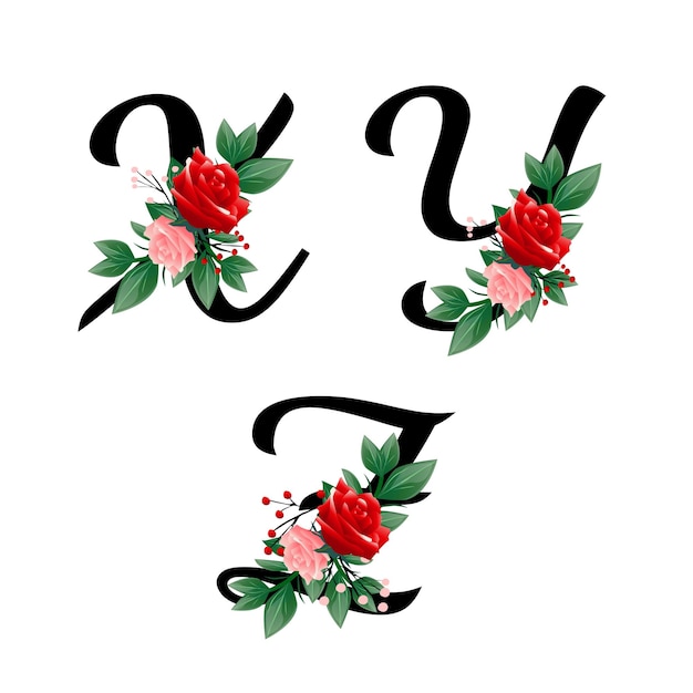 Plik wektorowy zestaw alfabetu xyz z dekoracją kwiatową