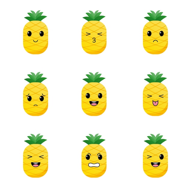 Plik wektorowy zestaw ananasów z emocjami kawaii płaska konstrukcja ilustracji wektorowych