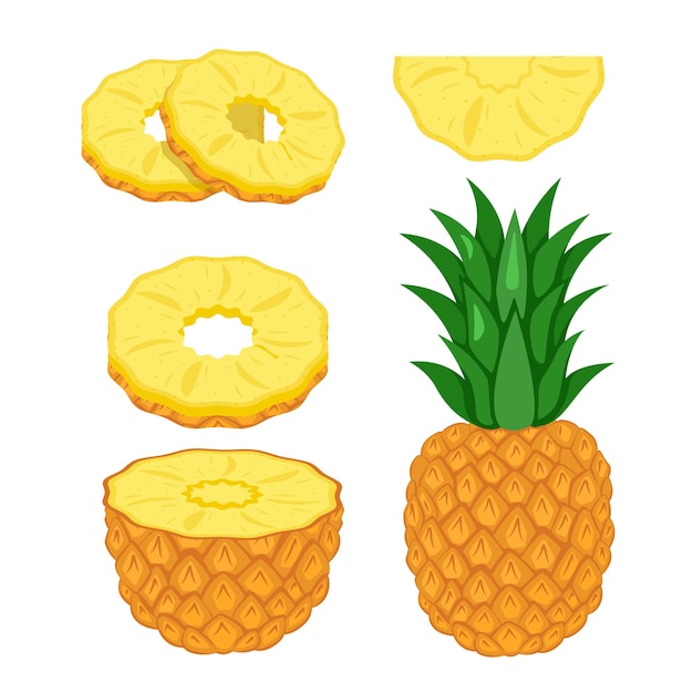 Zestaw Ananasowy Półplasterki Ananasa I Całe Owoce Izolowane Na Białym Tle Płaski