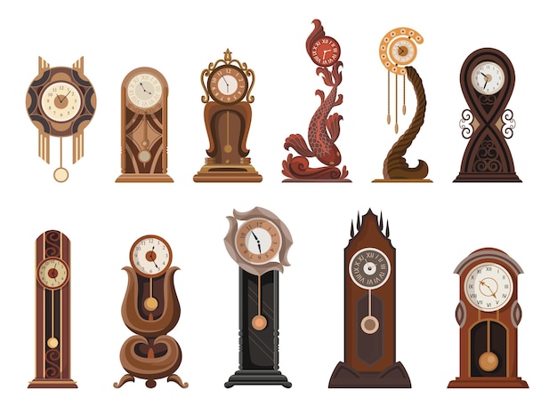 Plik wektorowy zestaw antycznych zegarów. tradycyjny zegar stojący podłogowy lub stołowy z dekoracją rzeźbioną w drewnie