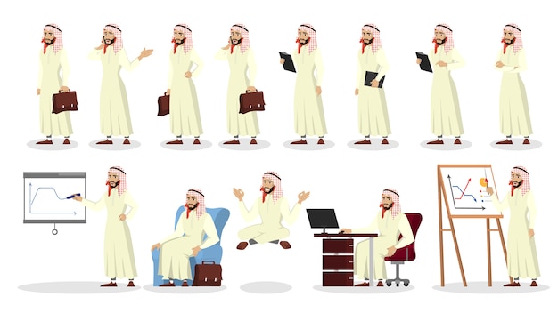 Zestaw Arabski Biznesmen. Kolekcja Mężczyzny Arabskiego