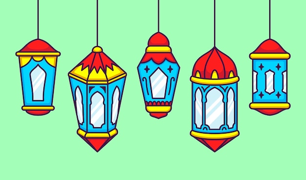 Zestaw arabski wisząca latarnia w kreskówka Ramadan wektor ilustracja koncepcja płaski