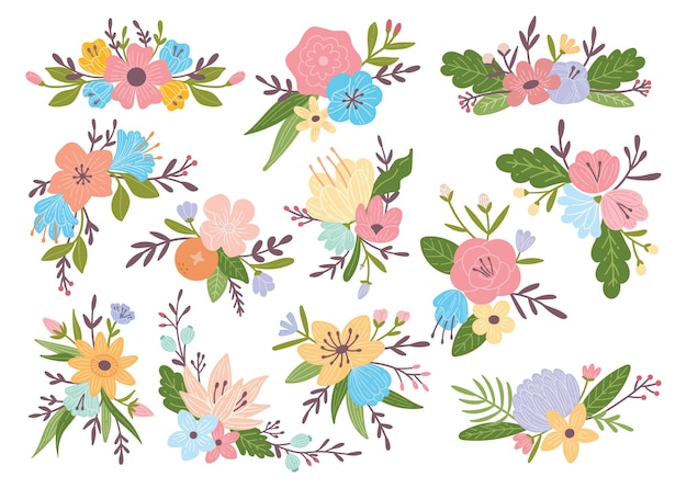 Plik wektorowy zestaw aranżacji kwiatowych w stylu doodle idealny do ślubu element projektu kwiatowy vector illustr