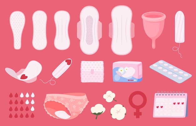Plik wektorowy zestaw artykułów higieny intymnej dla kobiet pielęgnacji podkładki i tampony podczas menstruacji
