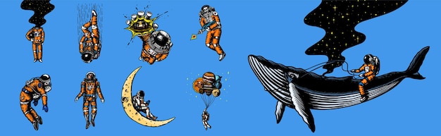 Zestaw astronautów w Układzie Słonecznym Zabawny kosmonauta i wieloryb startujący z planet kosmonauty w balonach kosmicznych i na Księżycu Grawerowane ręcznie rysowane Stary szkic w stylu vintage Ilustracja wektorowa