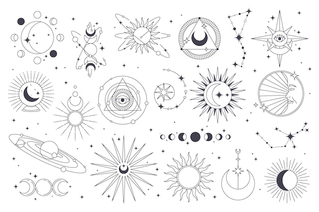 Zestaw Astronomicznych Lub Astrologicznych Ikon, Wektorów, Znaków Nieba, Wszechświata Lub Kosmosu, Galaktyk I Naklejek Księżycowych