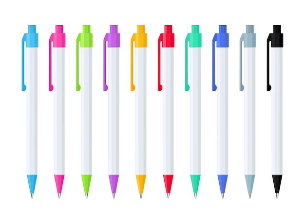 Zestaw Automatycznych Długopisów Sprężynowych W Białym Plastikowym Etui Z Kolorowymi Guzikami. Kolekcja Narzędzi Szkolnych Lub Biurowych. Płaskie Wektor Ilustracja Na Białym Tle
