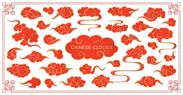 Zestaw Azjatyckich Chmura Czerwony. Tradycyjne Chmurne Ozdoby W Chińskim, Koreańskim I Japońskim Stylu Orientalnym