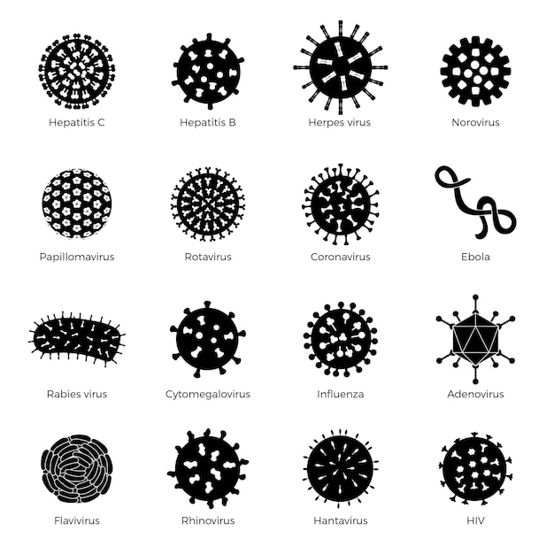 Plik wektorowy zestaw bakterii. bacillus symbole ludzkie drobnoustroje pieczęć ikony medyczne drobnoustroje znaki kiełków niedawne ilustracje wektorowe sylwetki zestaw na białym tle. sylwetka bakterie i mikroorganizmy, drobnoustroje wirusowe