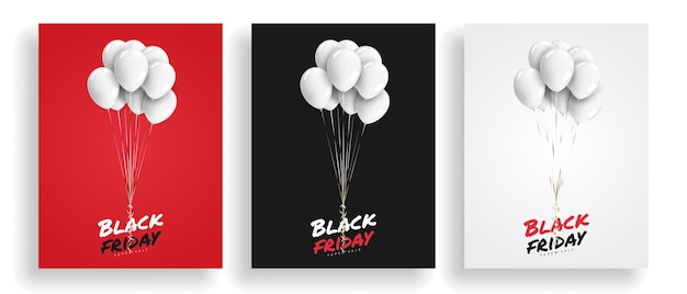 Zestaw balonów w czarny piątek super wyprzedaż ze złotą wstążką Projekt plakatu banera karty Realistyczna ilustracja wektorowa