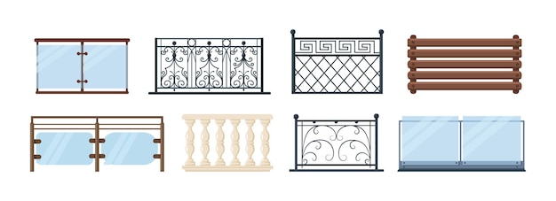 Zestaw balustrad balkonowych. Vintage nowoczesny dom fasada balkonowa lub drzwi wejściowe na teren prywatny, ogrodzenia tarasowe.