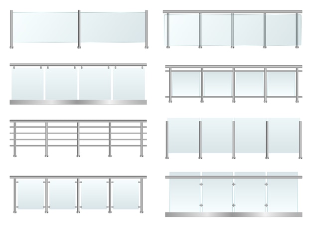 Plik wektorowy zestaw balustrad szklanych, na białym tle