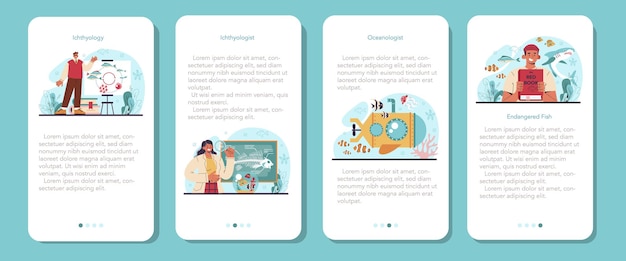 Zestaw Banerów Aplikacji Mobilnej Ichtiologa. Naukowiec Zajmujący Się Fauną Oceaniczną.