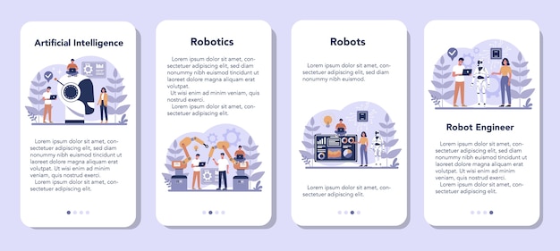 Zestaw Banerów Aplikacji Mobilnej Robotyka. Inżynieria I Programowanie Robotów. Idea Sztucznej Inteligencji I Futurystycznej Technologii. Automatyzacja Maszyn. Ilustracja Na Białym Tle Wektor W Stylu Cartoon