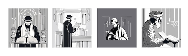 Plik wektorowy zestaw banerów postać z kreskówki żyd czytający kompozycję tory z płaskimi obrazami