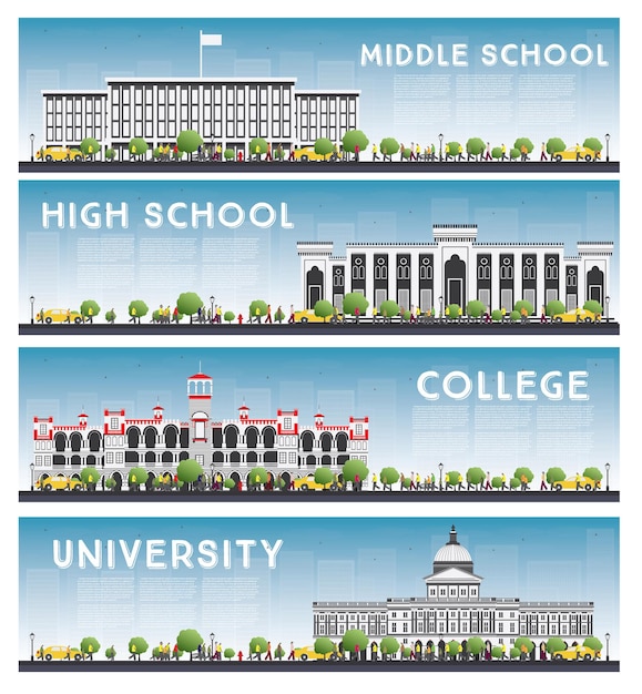 Plik wektorowy zestaw banerów uniwersyteckich, licealnych i studyjnych. zestaw skyline