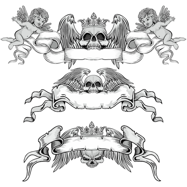 Plik wektorowy zestaw banerów z czaszkami i czaszką z banerem na słowo anioł.