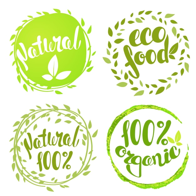 Zestaw Baniek, Naklejek, Etykiet, Metek Z Tekstem. 100% Naturalny Produkt, 100% Ekologiczna, Zdrowa żywność. Odznaki żywności Ekologicznej W Wektorze (kosmetyki, żywność).