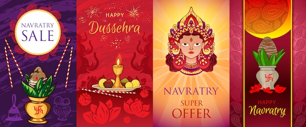 Zestaw Bannerów Navratri. Ilustracja Kreskówka Zestaw Transparent Wektor Navratri