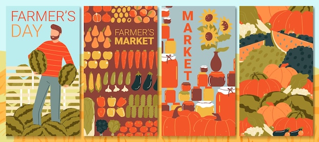 Plik wektorowy zestaw bannerów rolników żywności ekologicznej zbiory naturalny plakat świeże rolnictwo projekt dyni w kreskówce
