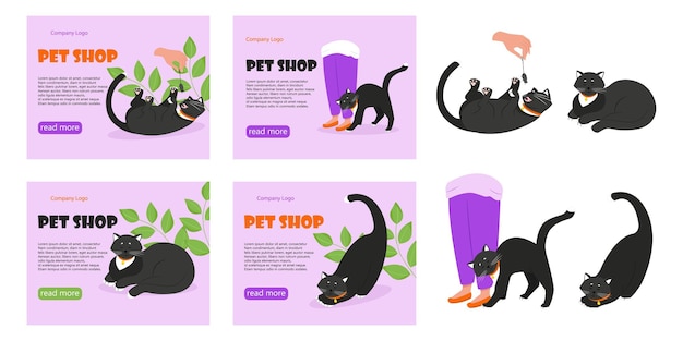 Zestaw Bannerów Sklepu Zoologicznego Czarny Kot Z Kołnierzem Ilustracja Wektorowa W Stylu Płaski