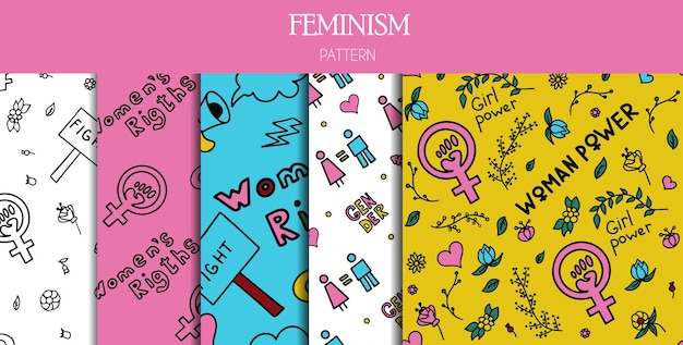 Zestaw Bez Szwu Wzorów Doodle Znaki Feminizmu Praw Kobiet Grunge Ręcznie Rysowane Ikony Wektorowe F