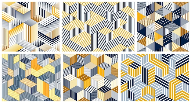 Zestaw bezszwowych linii izometrycznych wzorów geometrycznych, kostki 3D wektor płytki tła, architektura i budownictwo, wzory tapet.