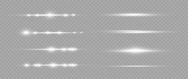 Plik wektorowy zestaw białych flar do soczewek poziomych. wiązki laserowe, poziome promienie światła. piękne rozbłyski światła.