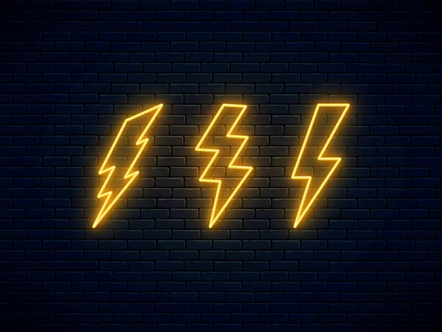 Plik wektorowy zestaw błyskawicy neonowej błyskawica grzmot i znak elektryczności projekt banera jasna reklama