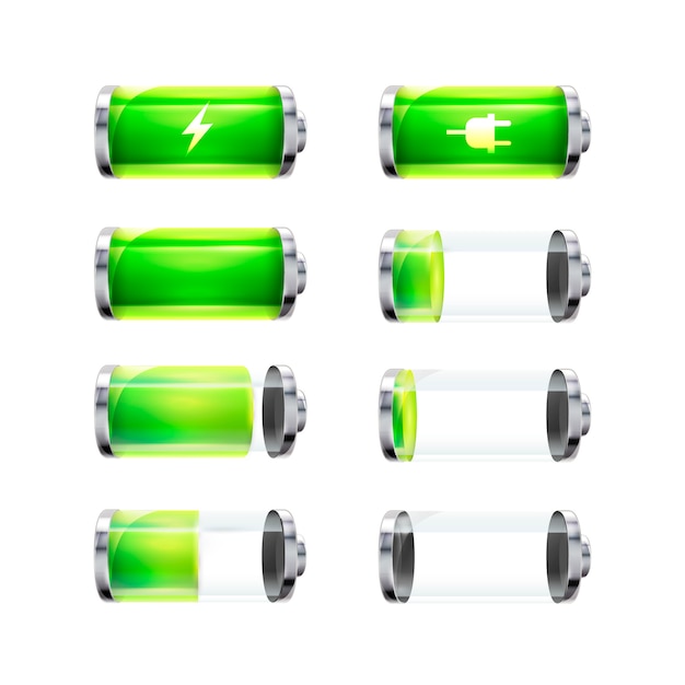 Plik wektorowy zestaw błyszczących ikon baterii z różnych poziomów naładowania i znaki mocy izolowane