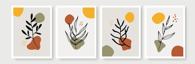 Zestaw Botanicznej Grafiki ściennej. Minimalistyczna I Naturalna Grafika ścienna. Rysowanie Linii Boho Liści O Abstrakcyjnym Kształcie. Nowoczesna Ilustracja