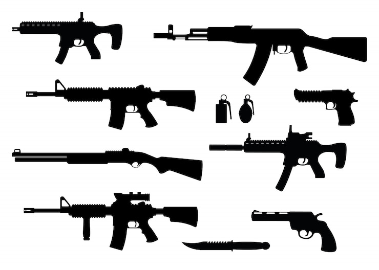 Wektor zestaw broni karabin wojskowy, rewolwer i pistolet orzeł pustyni, karabin strzelby, granat, nóż i pistolet maszynowy czarna prosta ikona ilustracja, na białym tle.