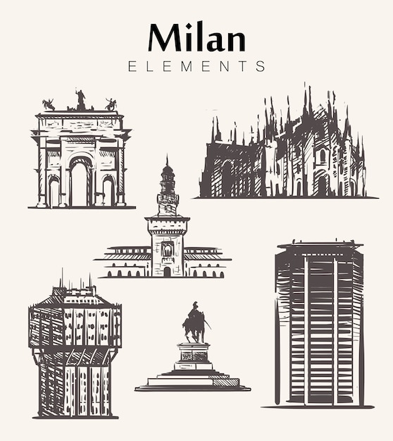 Plik wektorowy zestaw budynków w mediolanie rysowane ręcznie. ilustracja szkic elementów mediolanu wieża velasca, katedra w mediolanie, zamek sforza, wieżowiec pirelli.